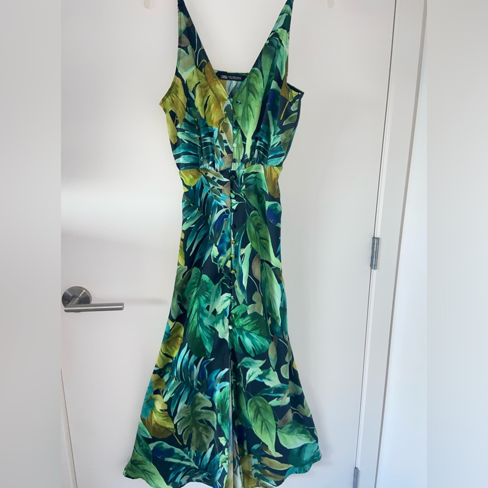 ZARA TROPICAL PRINT SATIN MAXI DRESS
